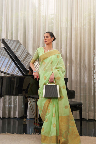 Green Pure Linen Silk Saree_Kumari Sarees