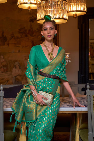 Green Pure Khadi Copper Zari Weaving Saree_Kumari Sarees