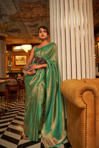Green Nylon Satin Copper Zari Weaving Saree_Kumari Sarees