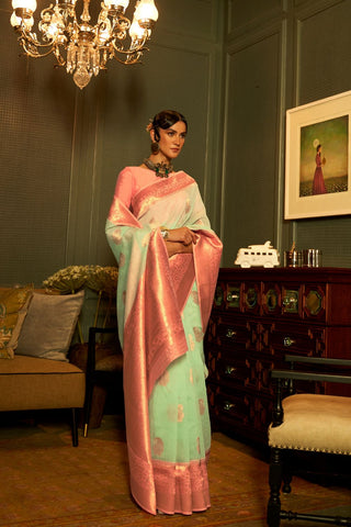 Green Linen Copper Zari Weaving Saree_Kumari Sarees
