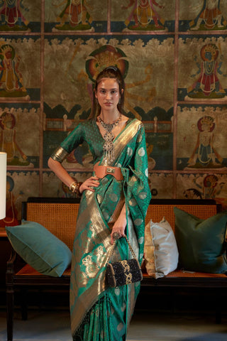 Teal Green Pure Satin Tanchoi Handloom Weaving Saree_kumari Sarees