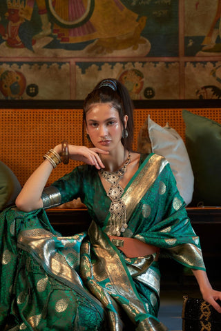 Teal Green Pure Satin Tanchoi Handloom Weaving Saree_kumari Sarees