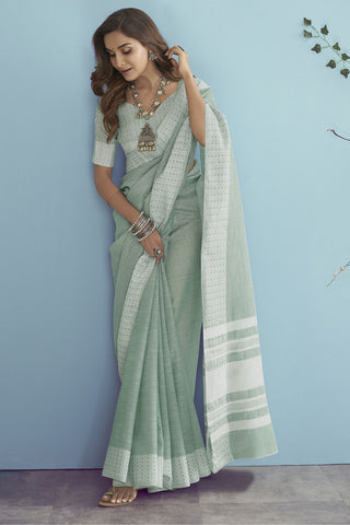 Light Green Soft Linen Silk With Chikankari Weaving Saree_Kumari Sarees