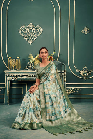 Green Modal Cotton Saree With Digital Print_Kumari Sarees
