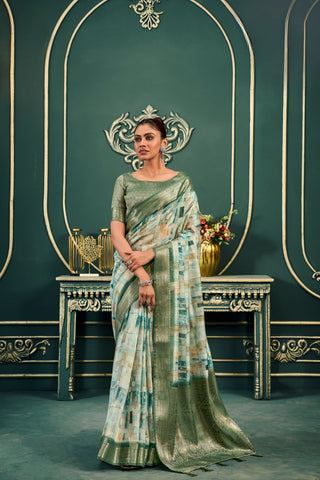 Green Modal Cotton Saree With Digital Print_Kumari Sarees