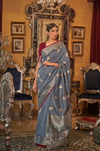 Grey Tussar Silk Handloom Weaving Saree_Kumari Sarees