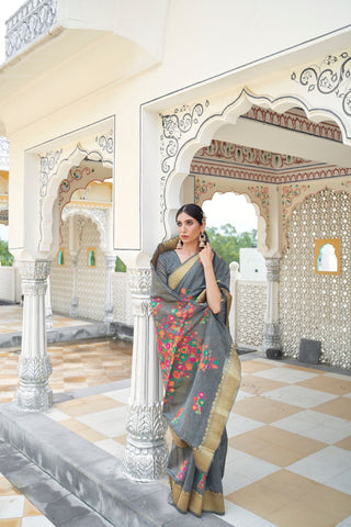 Grey Pure Linen Weaving Saree_Kumari Sarees