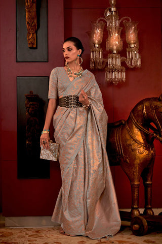 Grey Zari Basi Handloom Weaving Silk Saree_Kumari Sarees