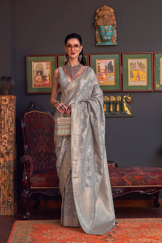 Grey Pure Katan Handloom Weaving Silk Saree_Kumari Sarees