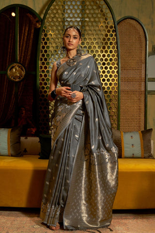 Grey Pure Satin Handloom Weaving Saree_kumari Sarees