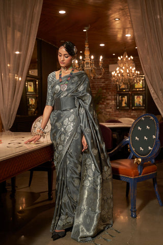 Grey Pure Satin Handloom Weaving Saree_Kumari Sarees