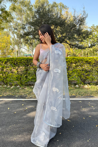 Grey Organza Silk Saree_Kumari Sarees