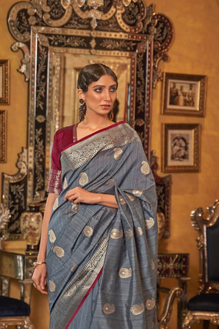 Grey Tussar Silk Handloom Weaving Saree_Kumari Sarees