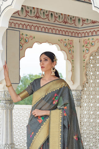 Grey Pure Linen Weaving Saree_Kumari Sarees