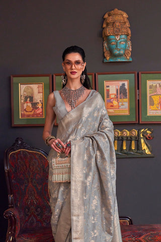Grey Pure Katan Handloom Weaving Silk Saree_Kumari Sarees