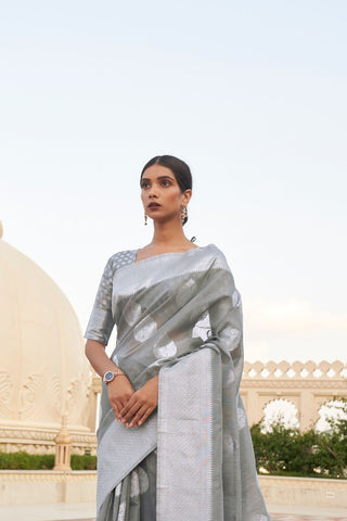 Grey Pure Linen Weaving Saree_Kumari Sarees