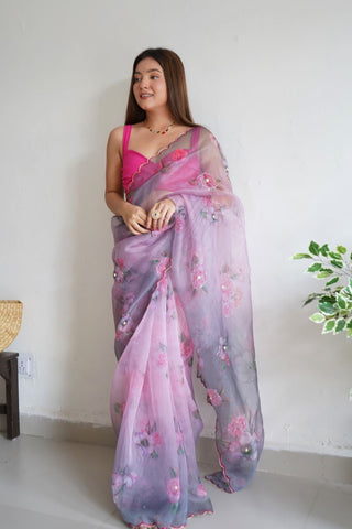 Grey Organza Handwork Digital Print Saree_Kumari Sarees
