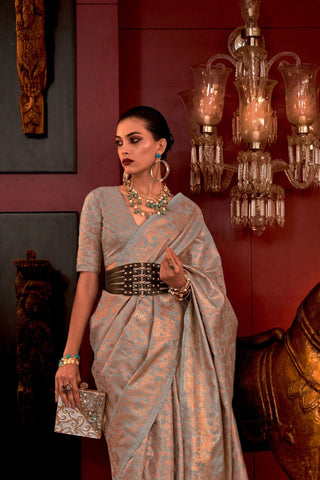 Grey Zari Basi Handloom Weaving Silk Saree_Kumari Sarees