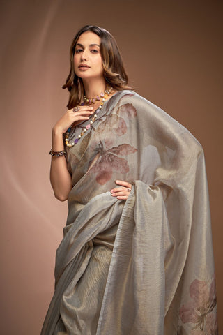 Grey Zari base Crushed Tissue Saree