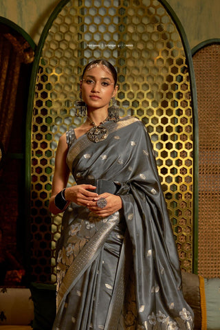 Grey Pure Satin Handloom Weaving Saree_kumari Sarees