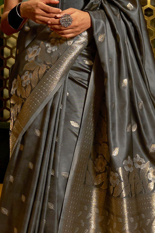 Grey Pure Satin Handloom Weaving Saree_kumari Sarees