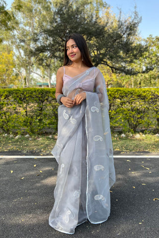 Grey Organza Silk Saree_Kumari Sarees