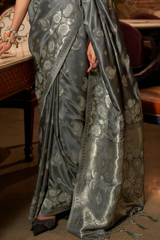 Grey Pure Satin Handloom Weaving Saree_Kumari Sarees
