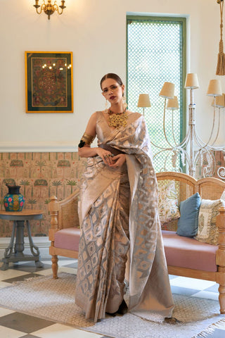 Grey Tissue Zari Handloom Weaving Saree_Kumari Sarees