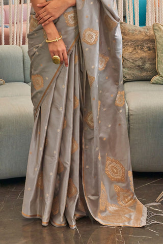 Grey Pure Satin Copper Zari  Weaving Saree_Kumari sarees