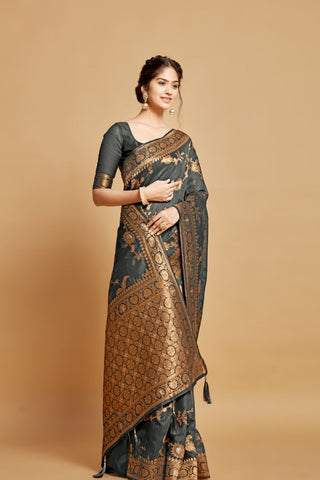 Grey Linen Chanderi Saree_Kumari Sarees