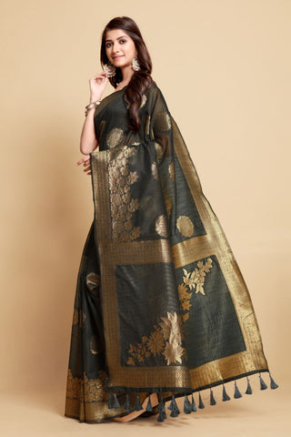 Grey Linen Chanderi Saree_Kumari Sarees