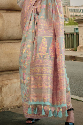 Grey Kashmiri Organza Handloom Weaving Saree_Kumari Sarees