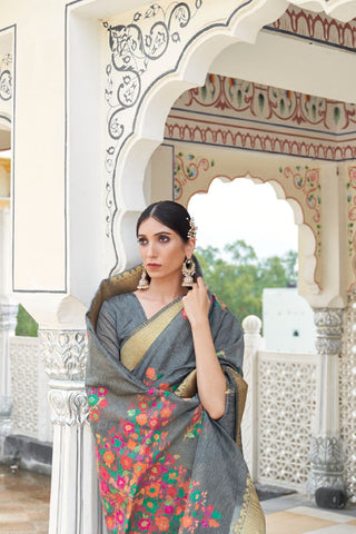 Grey Pure Linen Weaving Saree_Kumari Sarees