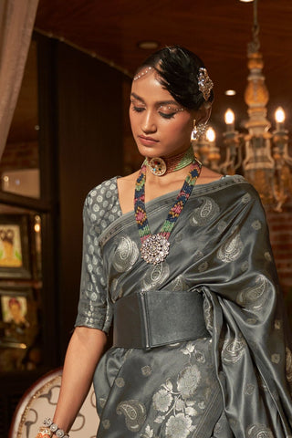 Grey Pure Satin Handloom Weaving Saree_Kumari Sarees