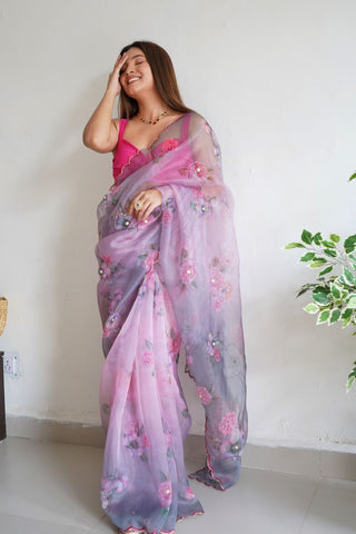 Grey Organza Handwork Digital Print Saree_Kumari Sarees