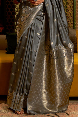 Grey Pure Satin Handloom Weaving Saree_kumari Sarees