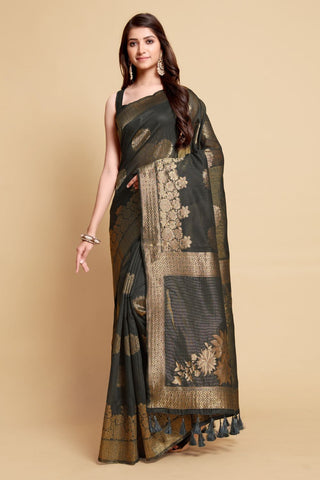 Grey Linen Chanderi Saree_Kumari Sarees
