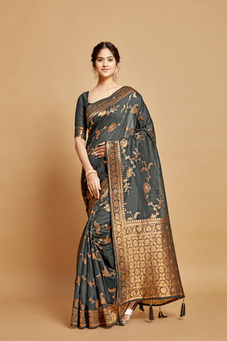 Grey Linen Chanderi Saree_Kumari Sarees