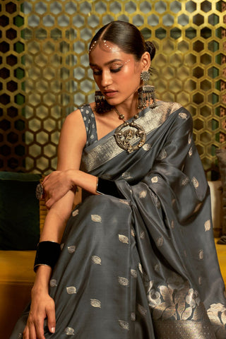 Grey Pure Satin Handloom Weaving Saree_kumari Sarees
