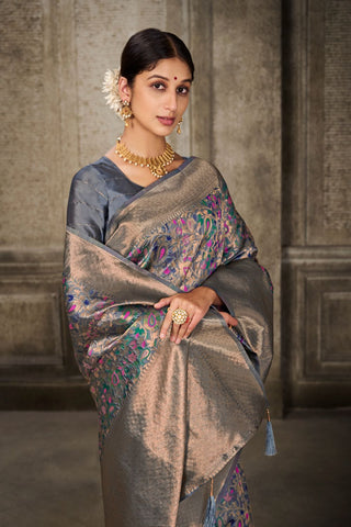 Grey Banarasi Pashmina Silk Saree_Kumari Sarees