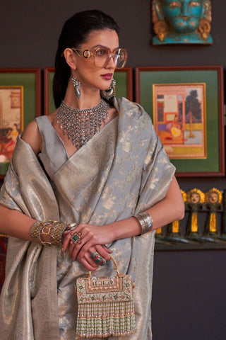 Grey Pure Katan Handloom Weaving Silk Saree_Kumari Sarees