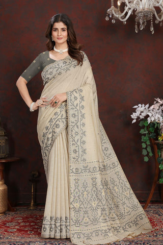 Grey Mulmul Jamdani Cotton Saree_Kumari Sarees