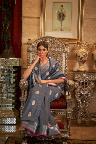 Grey Tussar Silk Handloom Weaving Saree_Kumari Sarees