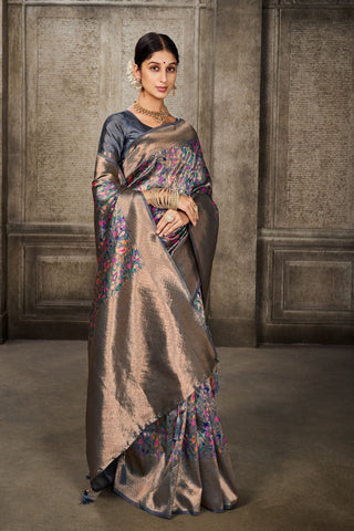 Grey Banarasi Pashmina Silk Saree_Kumari Sarees