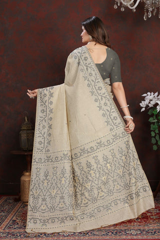 Grey Mulmul Jamdani Cotton Saree_Kumari Sarees