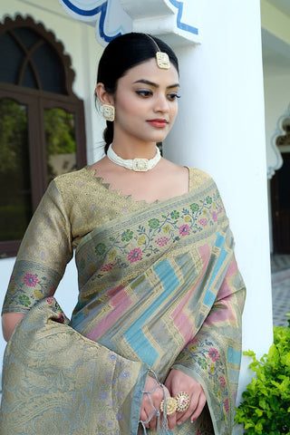Grey Organza Leheriya Woven Saree_Kumari Sarees