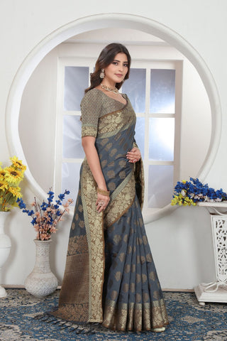 Grey Chanderi Cotton Saree_Kumari Sarees