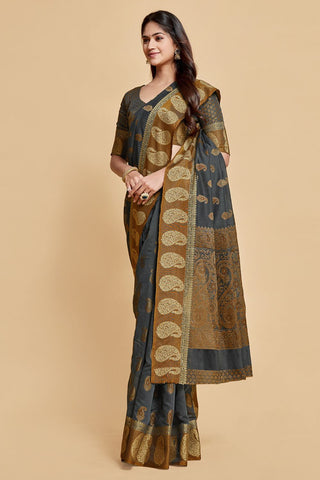 Grey Chanderi Cotton Saree_Kumari Sarees