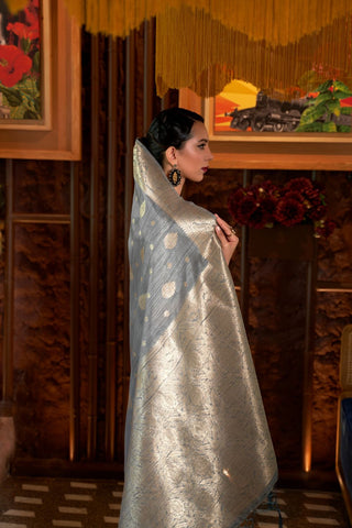 Grey Tussar Silk Handloom Weaving Saree_Kumari Sarees