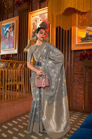 Grey Tussar Silk Handloom Weaving Saree_kumari sarees